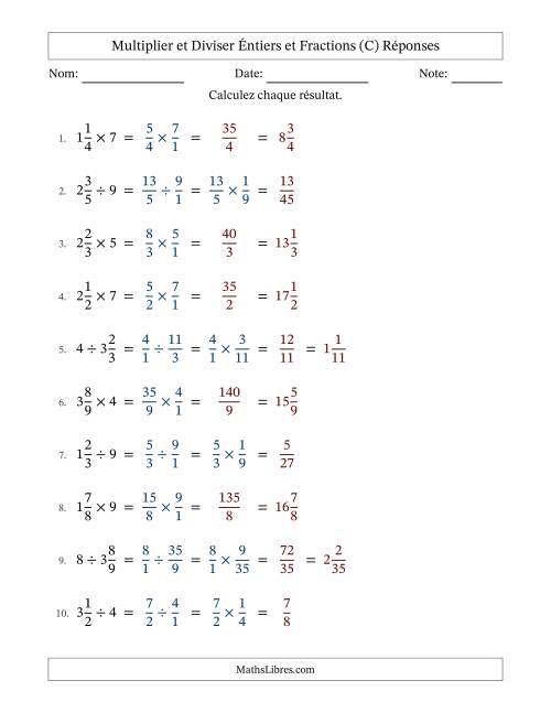 Multiplier et diviser fractions mixtes con nombres éntiers, et sans simplification (Remplissable) (C) page 2
