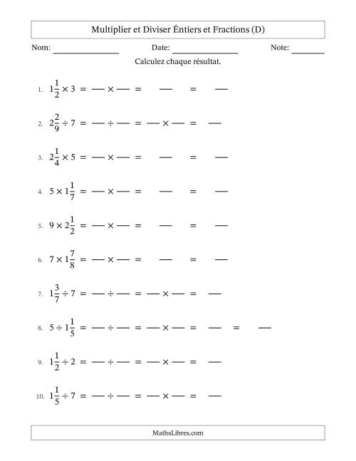 Multiplier et diviser fractions mixtes con nombres éntiers, et sans simplification (Remplissable) (D)
