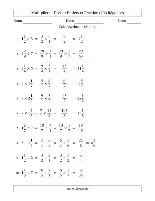 Multiplier et diviser fractions mixtes con nombres éntiers, et sans simplification (Remplissable) (D) page 2