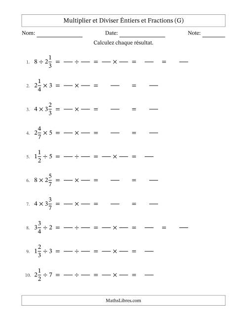 Multiplier et diviser fractions mixtes con nombres éntiers, et sans simplification (Remplissable) (G)