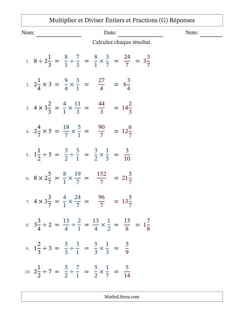 Multiplier et diviser fractions mixtes con nombres éntiers, et sans simplification (Remplissable) (G) page 2