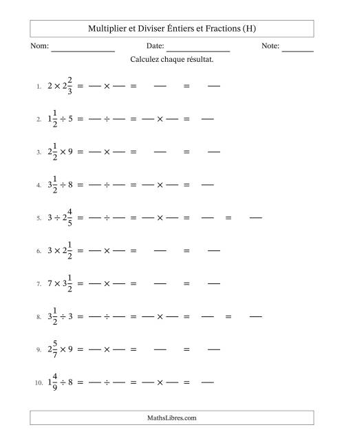 Multiplier et diviser fractions mixtes con nombres éntiers, et sans simplification (Remplissable) (H)