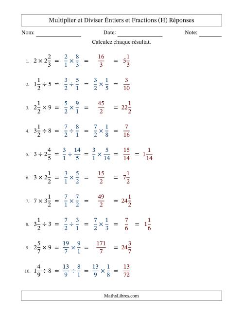 Multiplier et diviser fractions mixtes con nombres éntiers, et sans simplification (Remplissable) (H) page 2