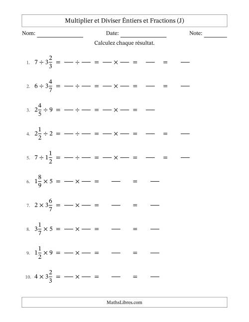 Multiplier et diviser fractions mixtes con nombres éntiers, et sans simplification (Remplissable) (J)