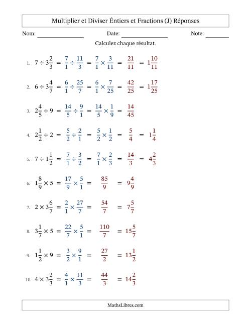 Multiplier et diviser fractions mixtes con nombres éntiers, et sans simplification (Remplissable) (J) page 2
