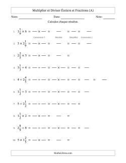 Multiplier et diviser fractions mixtes con nombres éntiers, et avec simplification dans tous les problèmes (Remplissable)