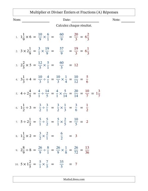 Multiplier et diviser fractions mixtes con nombres éntiers, et avec simplification dans tous les problèmes (Remplissable) (A) page 2