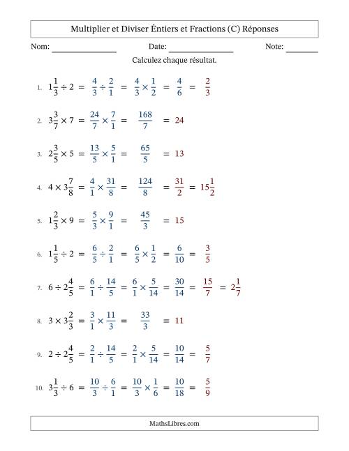 Multiplier et diviser fractions mixtes con nombres éntiers, et avec simplification dans tous les problèmes (Remplissable) (C) page 2
