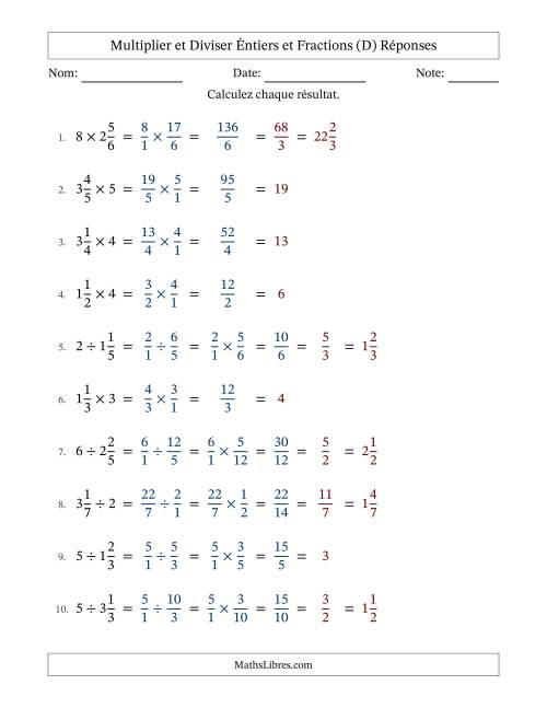 Multiplier et diviser fractions mixtes con nombres éntiers, et avec simplification dans tous les problèmes (Remplissable) (D) page 2