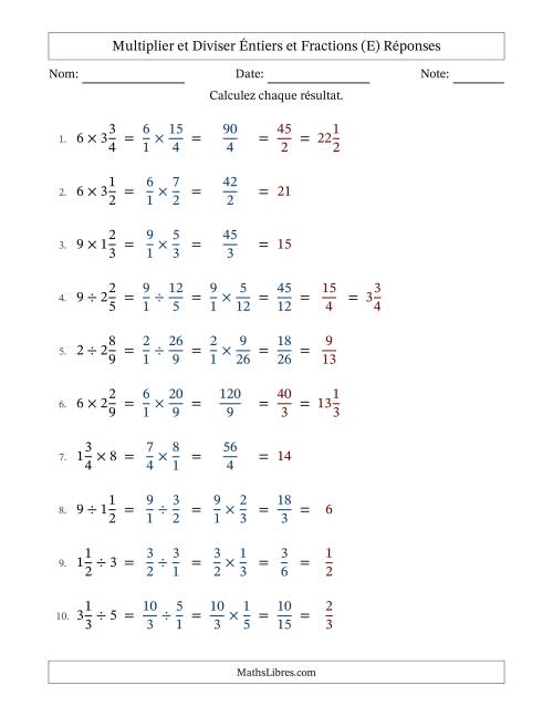 Multiplier et diviser fractions mixtes con nombres éntiers, et avec simplification dans tous les problèmes (Remplissable) (E) page 2