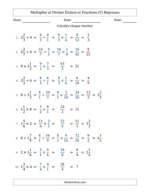 Multiplier et diviser fractions mixtes con nombres éntiers, et avec simplification dans tous les problèmes (Remplissable) (F) page 2
