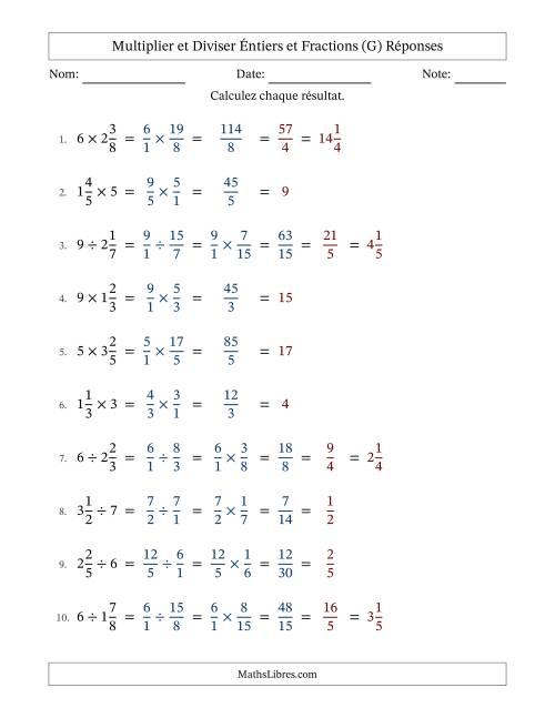 Multiplier et diviser fractions mixtes con nombres éntiers, et avec simplification dans tous les problèmes (Remplissable) (G) page 2