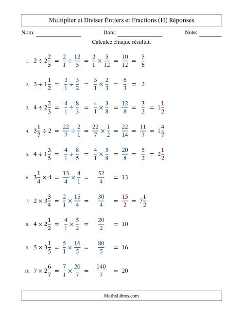 Multiplier et diviser fractions mixtes con nombres éntiers, et avec simplification dans tous les problèmes (Remplissable) (H) page 2