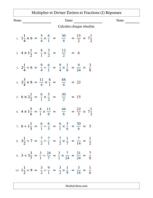 Multiplier et diviser fractions mixtes con nombres éntiers, et avec simplification dans tous les problèmes (Remplissable) (I) page 2