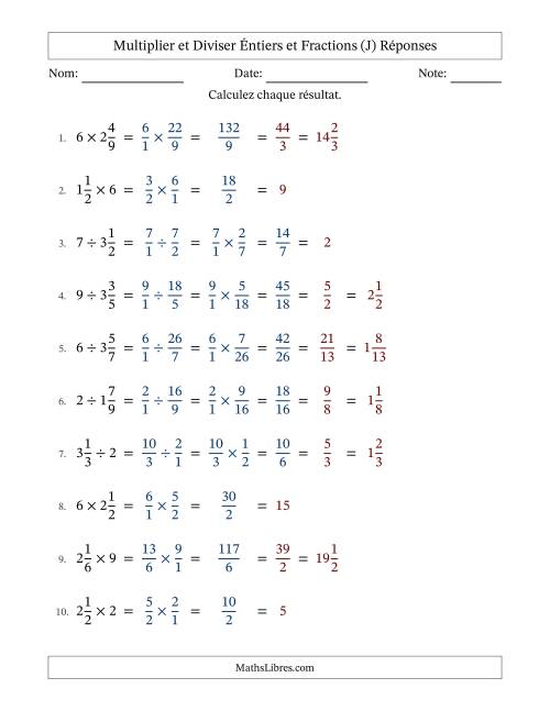Multiplier et diviser fractions mixtes con nombres éntiers, et avec simplification dans tous les problèmes (Remplissable) (J) page 2