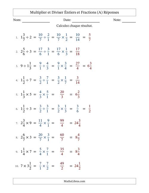 Multiplier et diviser fractions mixtes con nombres éntiers, et avec simplification dans quelques problèmes (Remplissable) (A) page 2