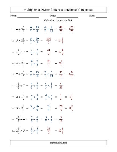 Multiplier et diviser fractions mixtes con nombres éntiers, et avec simplification dans quelques problèmes (Remplissable) (B) page 2