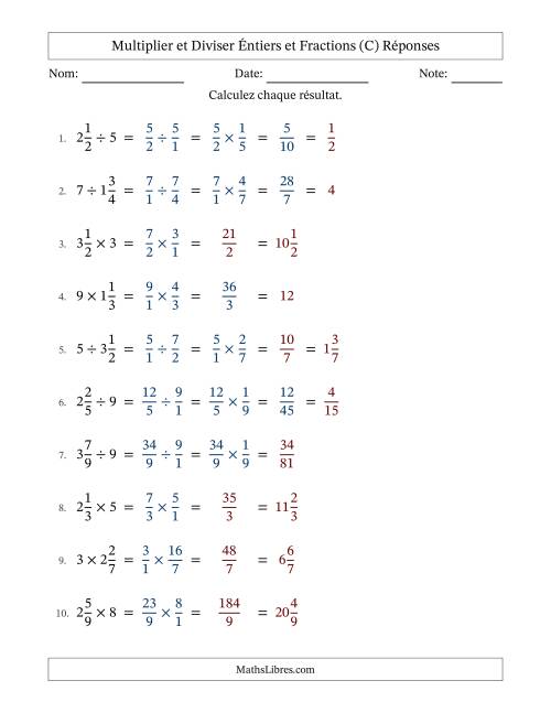 Multiplier et diviser fractions mixtes con nombres éntiers, et avec simplification dans quelques problèmes (Remplissable) (C) page 2