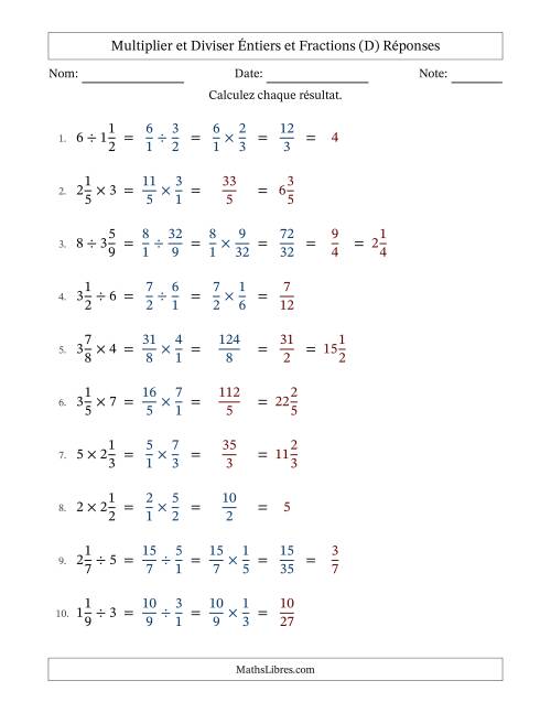 Multiplier et diviser fractions mixtes con nombres éntiers, et avec simplification dans quelques problèmes (Remplissable) (D) page 2