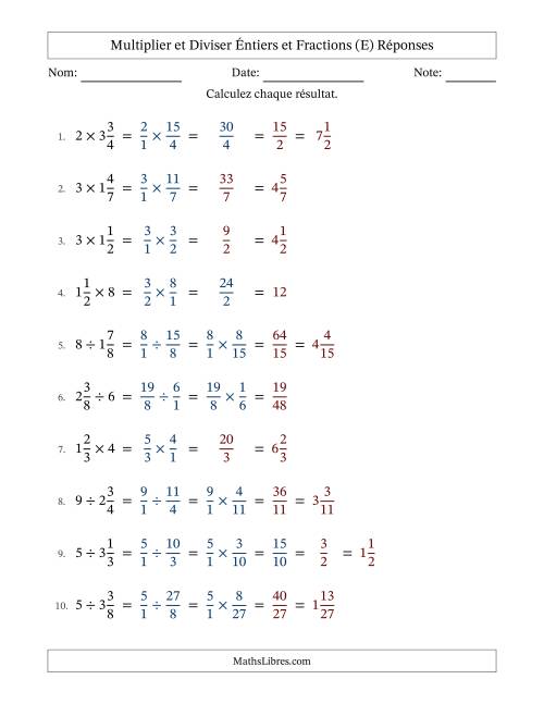 Multiplier et diviser fractions mixtes con nombres éntiers, et avec simplification dans quelques problèmes (Remplissable) (E) page 2