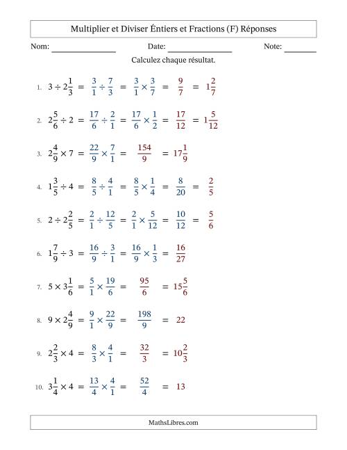 Multiplier et diviser fractions mixtes con nombres éntiers, et avec simplification dans quelques problèmes (Remplissable) (F) page 2