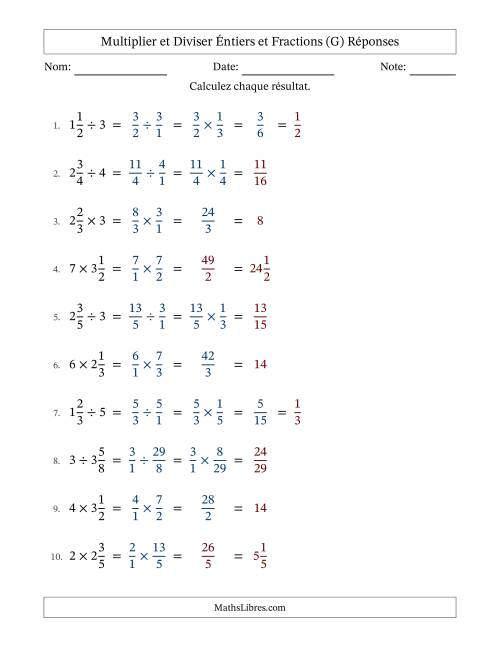 Multiplier et diviser fractions mixtes con nombres éntiers, et avec simplification dans quelques problèmes (Remplissable) (G) page 2
