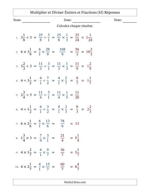 Multiplier et diviser fractions mixtes con nombres éntiers, et avec simplification dans quelques problèmes (Remplissable) (H) page 2