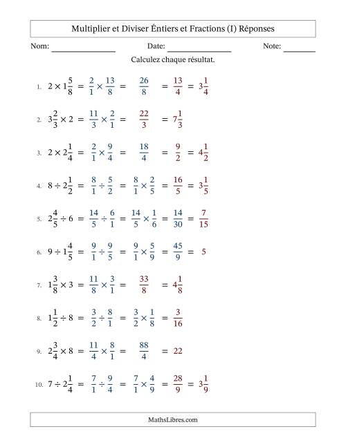 Multiplier et diviser fractions mixtes con nombres éntiers, et avec simplification dans quelques problèmes (Remplissable) (I) page 2
