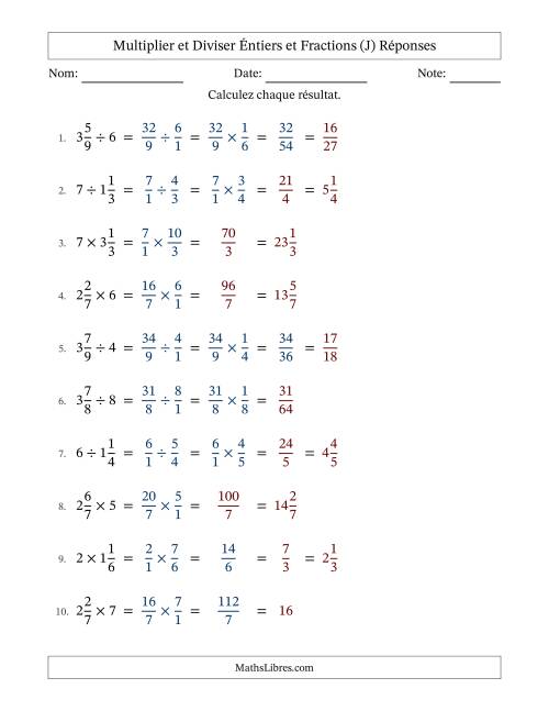Multiplier et diviser fractions mixtes con nombres éntiers, et avec simplification dans quelques problèmes (Remplissable) (J) page 2