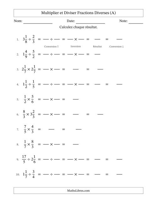 Multiplier et diviser fractions propres, impropres et mixtes, et sans simplification (Remplissable) (A)