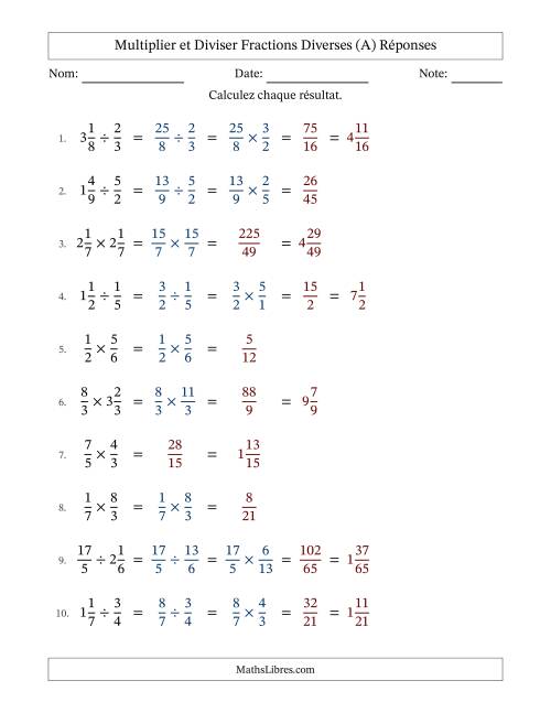 Multiplier et diviser fractions propres, impropres et mixtes, et sans simplification (Remplissable) (A) page 2