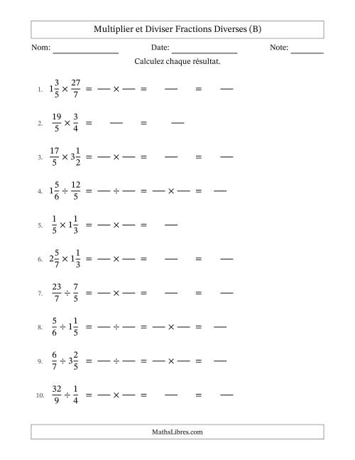 Multiplier et diviser fractions propres, impropres et mixtes, et sans simplification (Remplissable) (B)