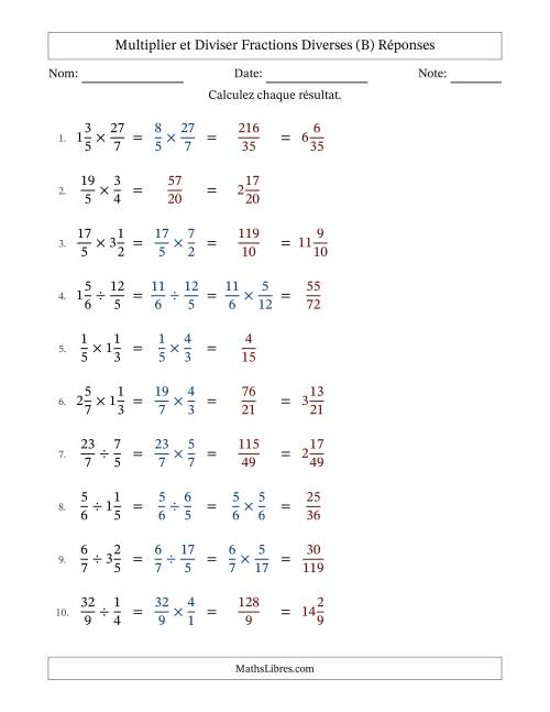 Multiplier et diviser fractions propres, impropres et mixtes, et sans simplification (Remplissable) (B) page 2