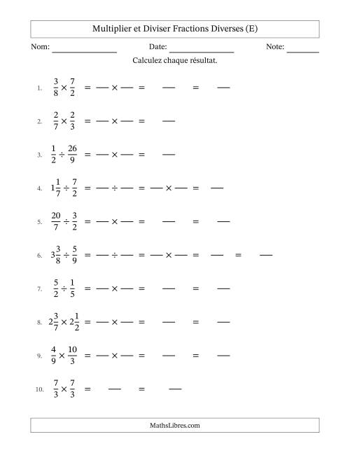 Multiplier et diviser fractions propres, impropres et mixtes, et sans simplification (Remplissable) (E)