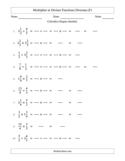 Multiplier et diviser fractions propres, impropres et mixtes, et sans simplification (Remplissable) (F)