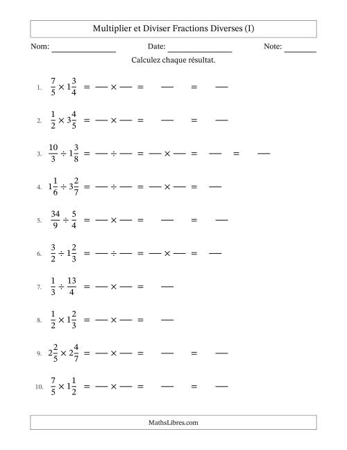 Multiplier et diviser fractions propres, impropres et mixtes, et sans simplification (Remplissable) (I)