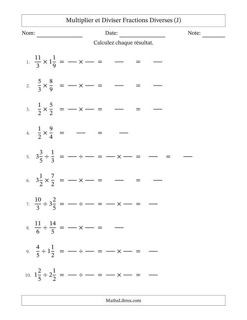 Multiplier et diviser fractions propres, impropres et mixtes, et sans simplification (Remplissable) (J)