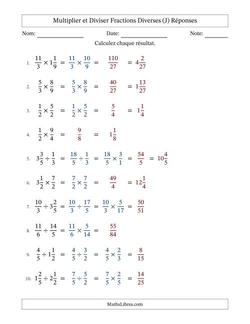 Multiplier et diviser fractions propres, impropres et mixtes, et sans simplification (Remplissable) (J) page 2