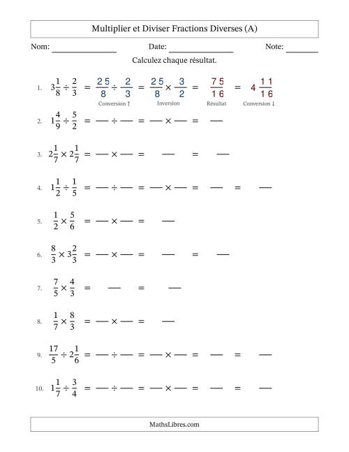 Multiplier et diviser fractions propres, impropres et mixtes, et sans simplification (Remplissable) (Tout)