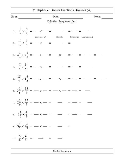 Multiplier et diviser fractions propres, impropres et mixtes, et avec simplification dans tous les problèmes (Remplissable) (A)