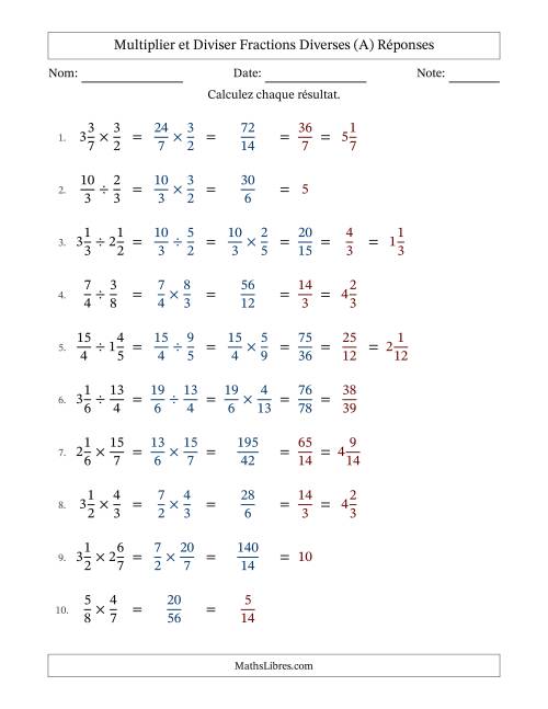 Multiplier et diviser fractions propres, impropres et mixtes, et avec simplification dans tous les problèmes (Remplissable) (A) page 2