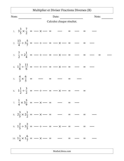 Multiplier et diviser fractions propres, impropres et mixtes, et avec simplification dans tous les problèmes (Remplissable) (B)