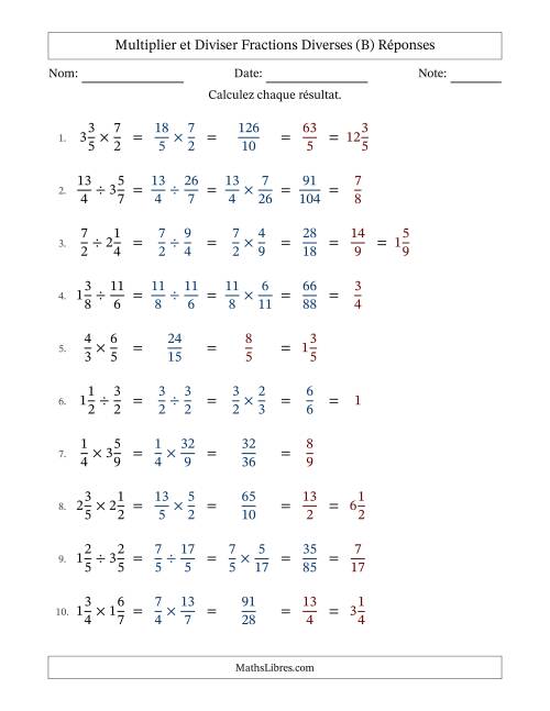 Multiplier et diviser fractions propres, impropres et mixtes, et avec simplification dans tous les problèmes (Remplissable) (B) page 2