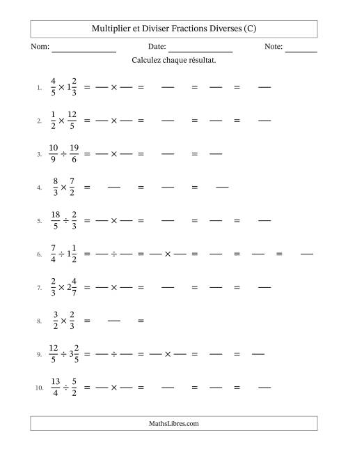 Multiplier et diviser fractions propres, impropres et mixtes, et avec simplification dans tous les problèmes (Remplissable) (C)
