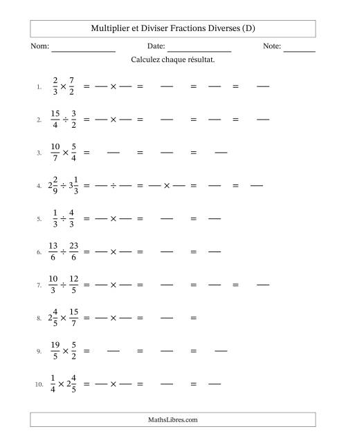Multiplier et diviser fractions propres, impropres et mixtes, et avec simplification dans tous les problèmes (Remplissable) (D)