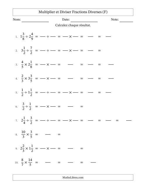 Multiplier et diviser fractions propres, impropres et mixtes, et avec simplification dans tous les problèmes (Remplissable) (F)