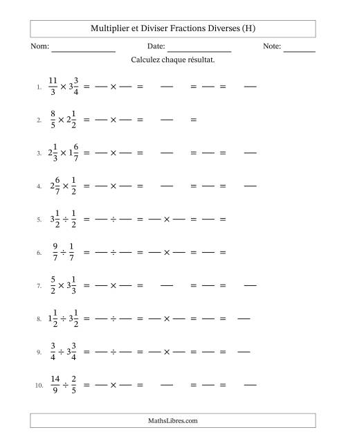 Multiplier et diviser fractions propres, impropres et mixtes, et avec simplification dans tous les problèmes (Remplissable) (H)