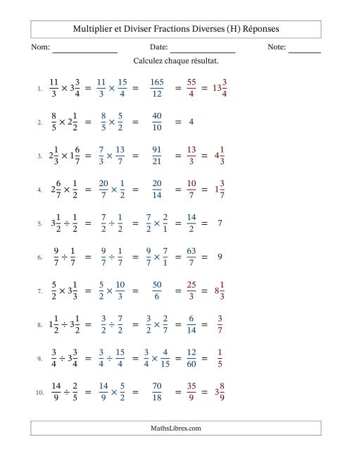 Multiplier et diviser fractions propres, impropres et mixtes, et avec simplification dans tous les problèmes (Remplissable) (H) page 2