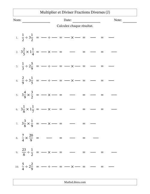 Multiplier et diviser fractions propres, impropres et mixtes, et avec simplification dans tous les problèmes (Remplissable) (J)