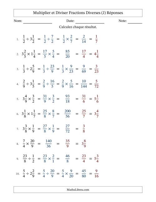 Multiplier et diviser fractions propres, impropres et mixtes, et avec simplification dans tous les problèmes (Remplissable) (J) page 2